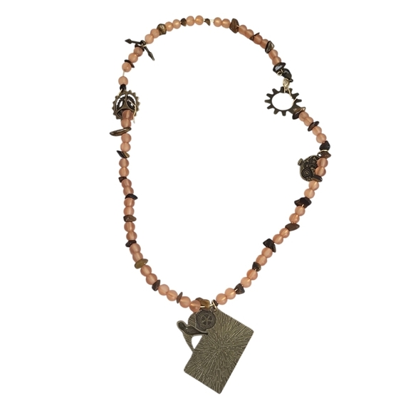 14K Gold Steampunk Bronze Gears Frosted Glass Necklace - Picture 2 of 3